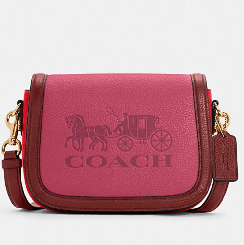 Coach Saddle with Horse & Carriage Leather Crossbody Colorblock Pink Ra - Picture 12 of 16